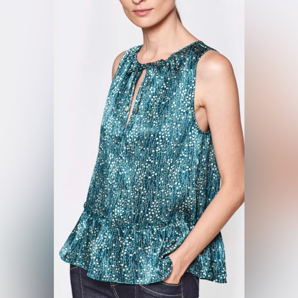 Women's Joie "Jevan" Emerald Green, Floral, Keyhole, Ruffled Tank Top. Size XS